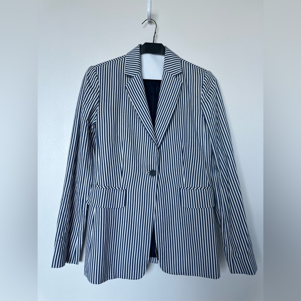 Nordstrom Signature Navy Blue and White Striped Button Front Blazer